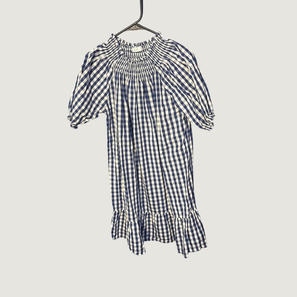 Lake Navy Blue Gingham Smocked Neck Ruffle Hem Nightshirt Dress Medium